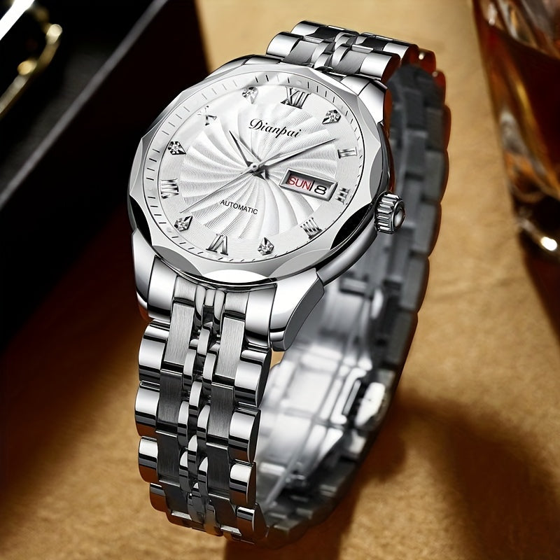 Classic Mechanical Watch, Luminous Waterproof Men's Watch With Stainless Steel Strap