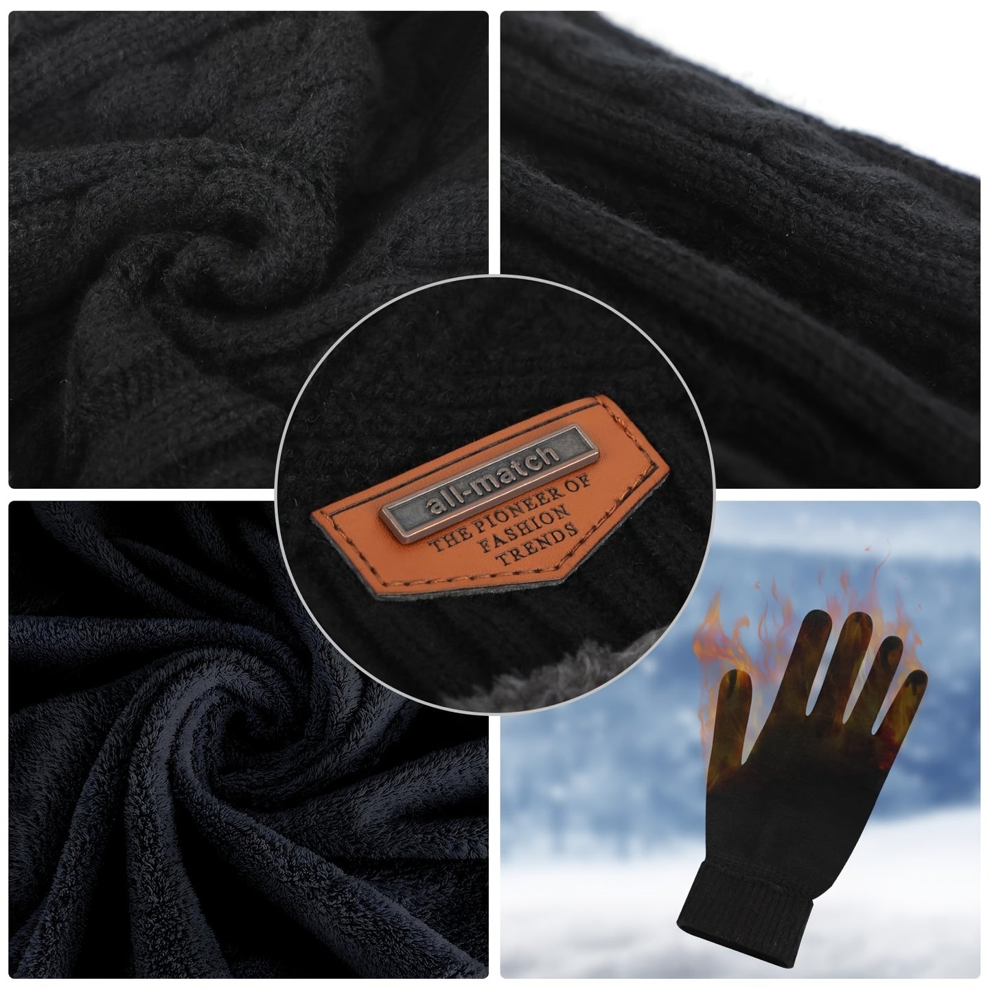 3pcs Winter Set: Cozy Fleece-Lined Knit Beanie, Neck Warmer Scarf & Touchscreen Gloves - Black