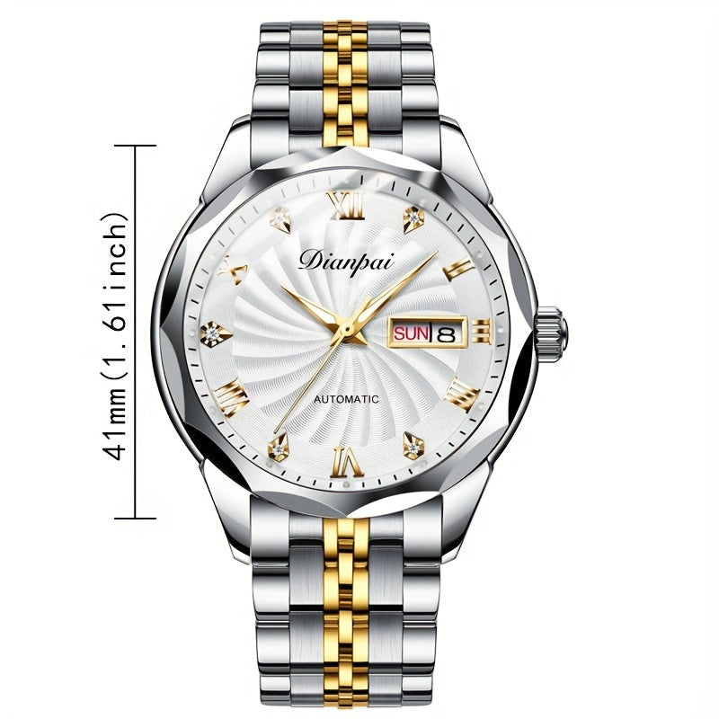 Classic Mechanical Watch, Luminous Waterproof Men's Watch With Stainless Steel Strap