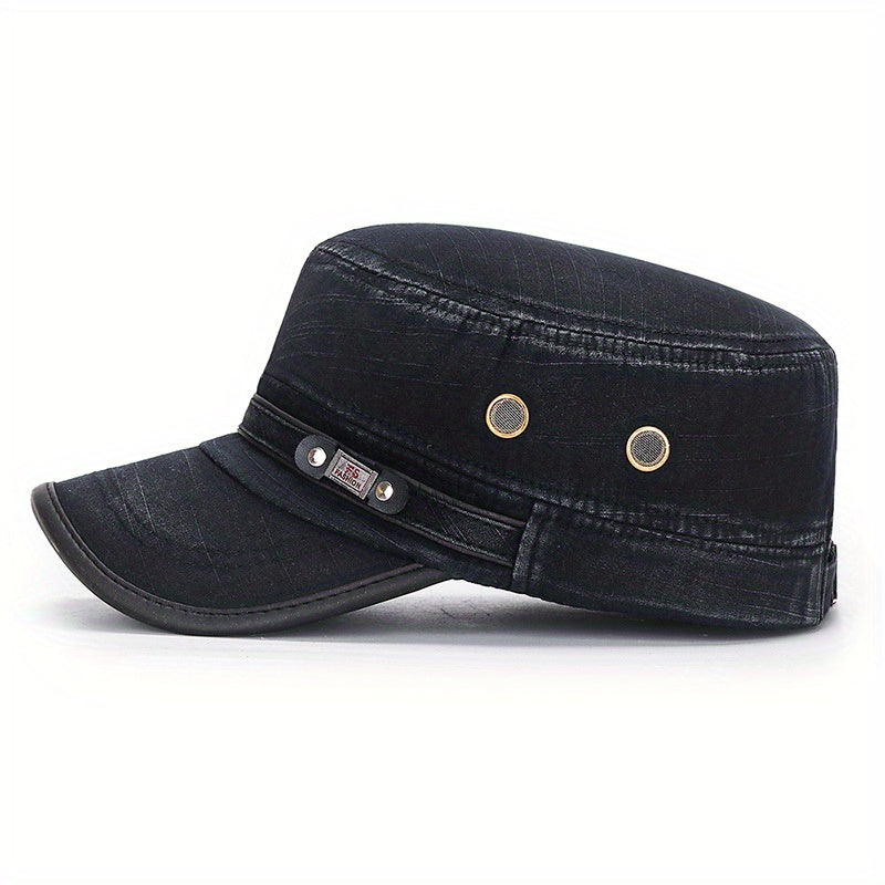 Men's and women's cotton flat hat with distressed leather trim