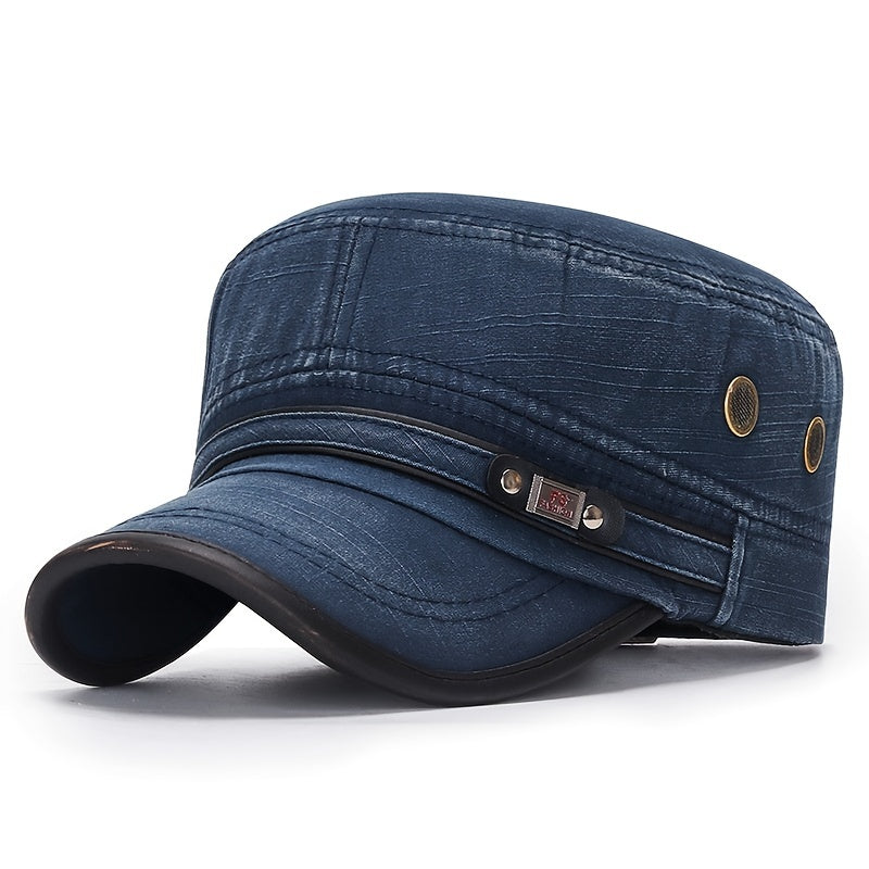 Men's and women's cotton flat hat with distressed leather trim