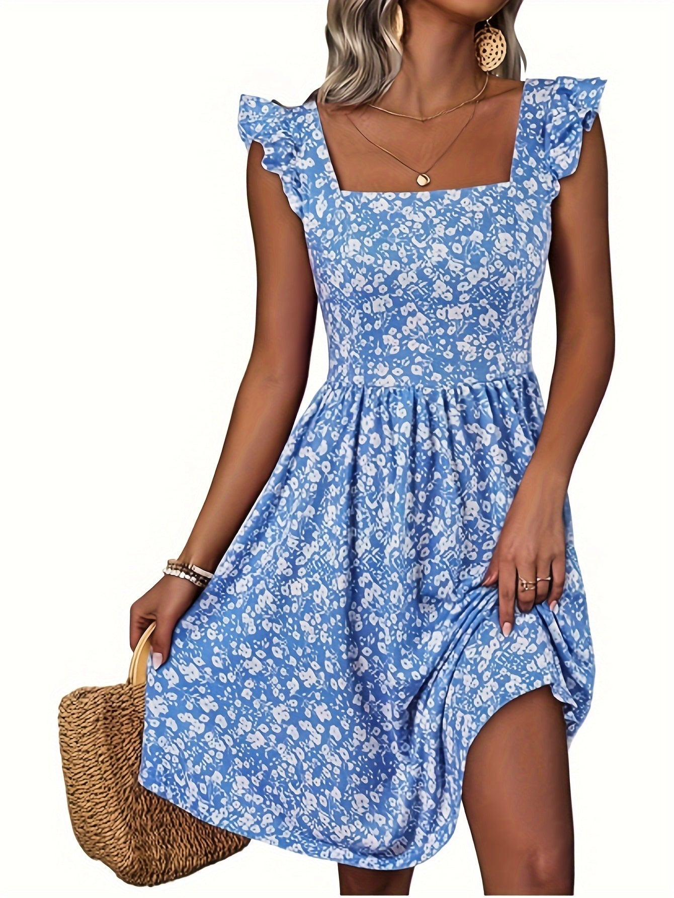 Floral Print Square Neck Patched Pockets Dress