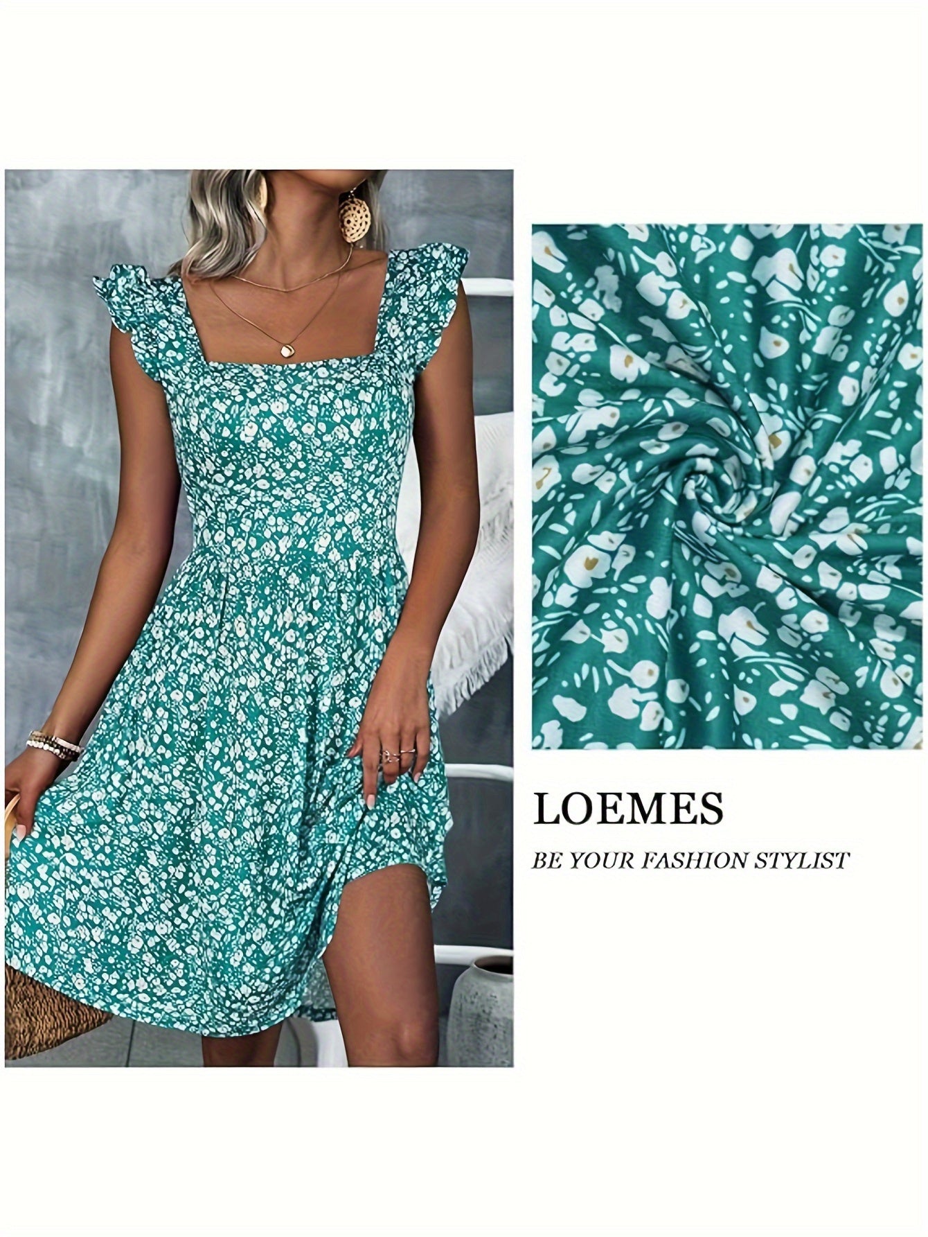 Floral Print Square Neck Patched Pockets Dress