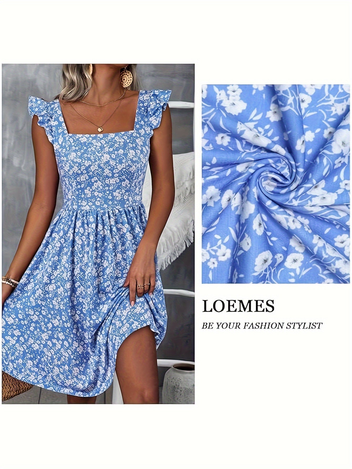 Floral Print Square Neck Patched Pockets Dress