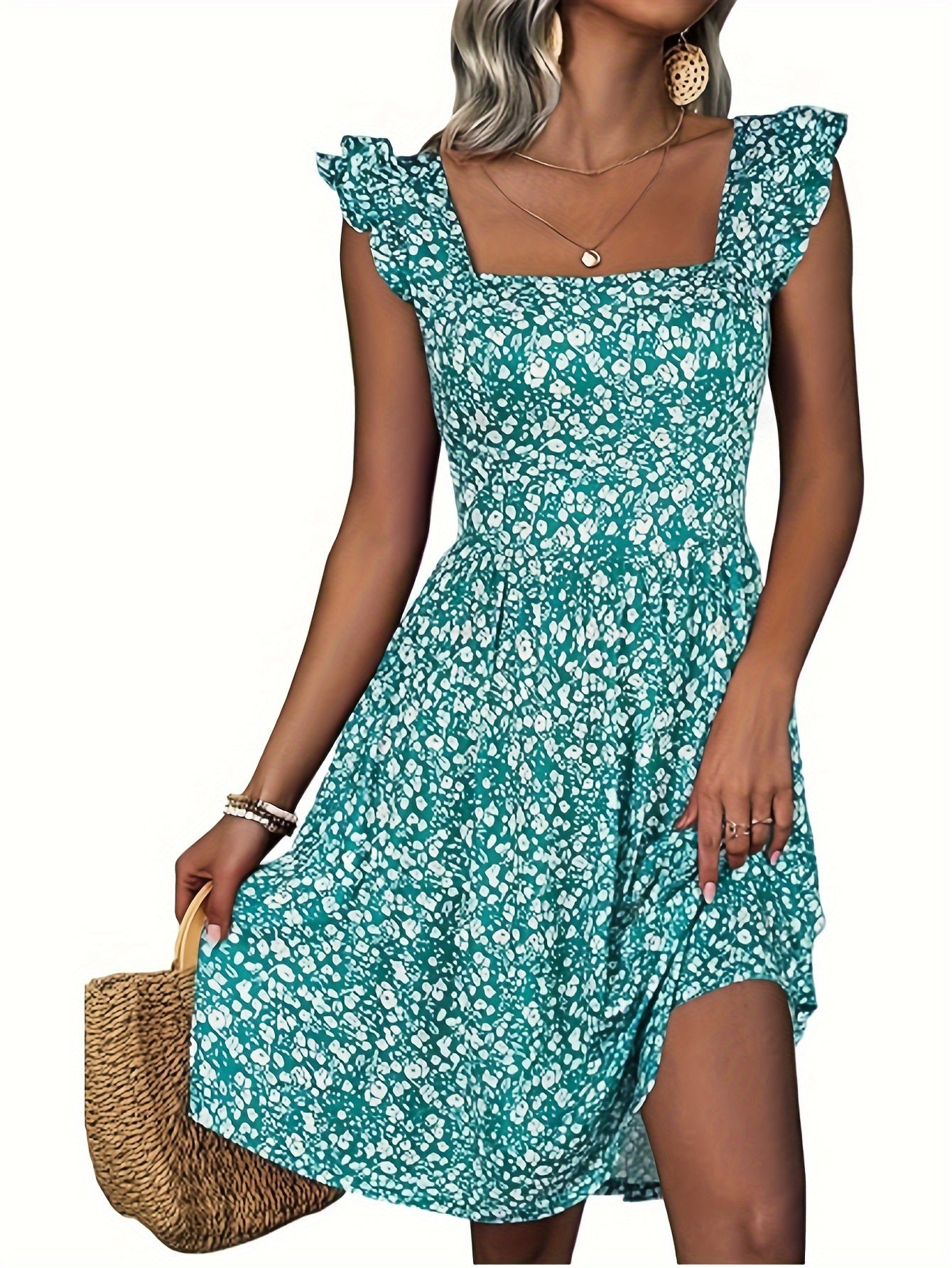 Floral Print Square Neck Patched Pockets Dress