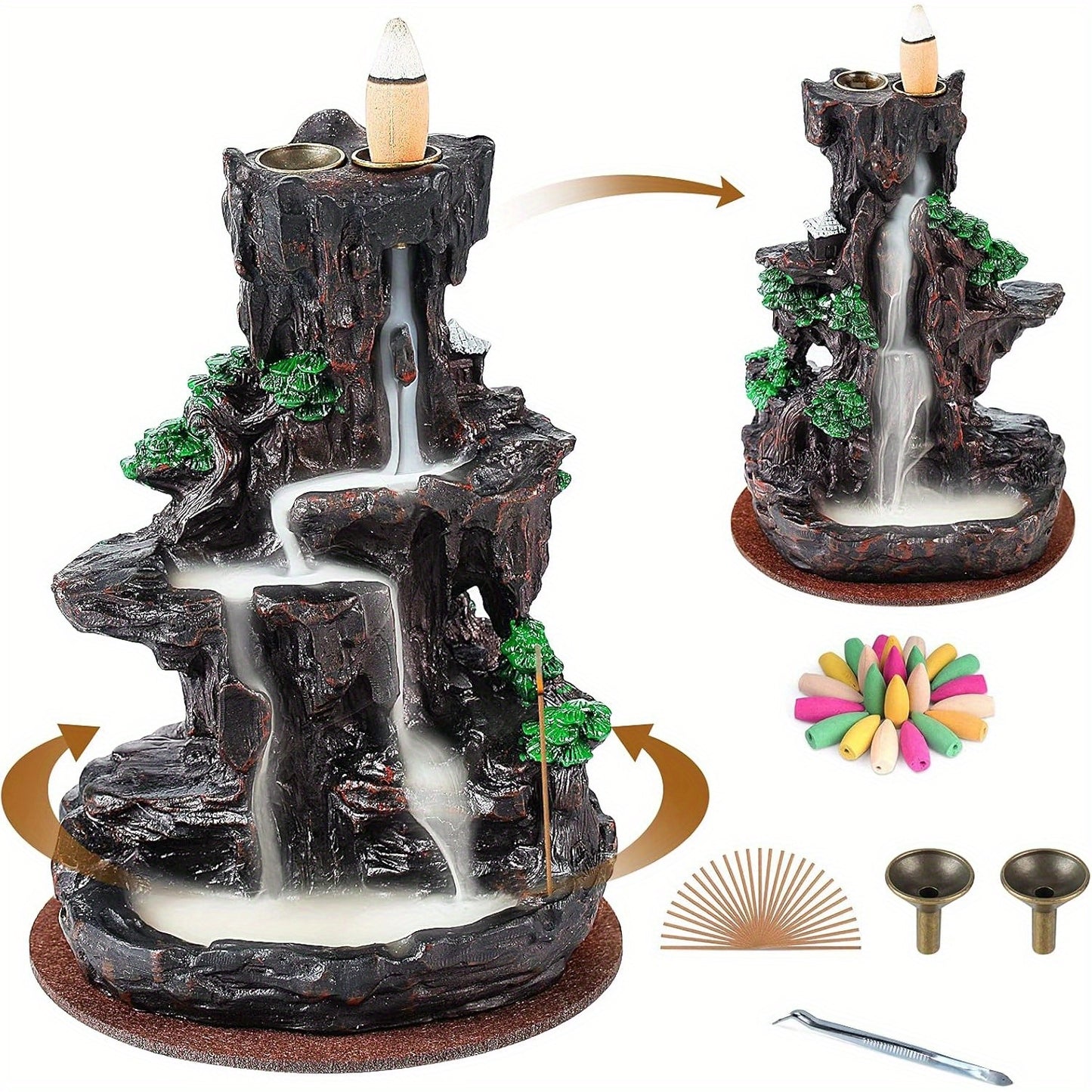 120-Count Backflow Incense Cones & 30 Incense Sticks Included, 2-Sided Waterfall Incense Burner, Aromatherapy Ornament