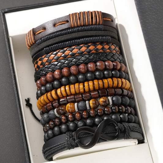 12pcs Vintage Bracelet Set - Braided Leather, Tiger Eye & Moonstone Beads