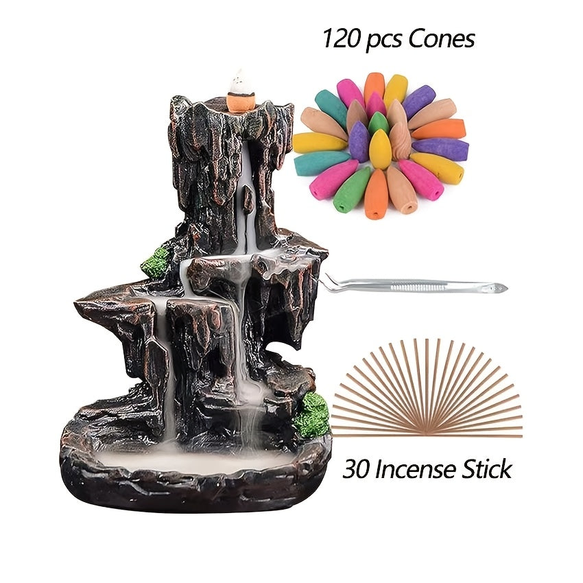 120-Count Backflow Incense Cones & 30 Incense Sticks Included, 2-Sided Waterfall Incense Burner, Aromatherapy Ornament