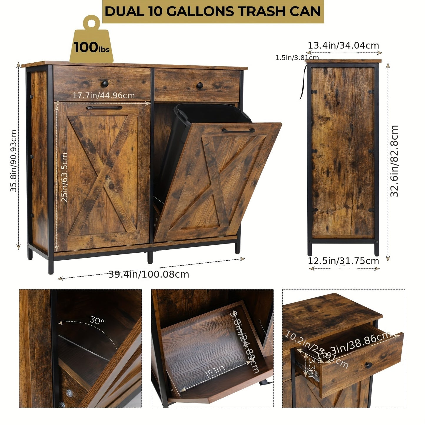 Dual Tilt Out Trash Cabinet, 10X2 Gallon Pet Proof Kitchen Pull Out Hidden Garbage Can Cabinet