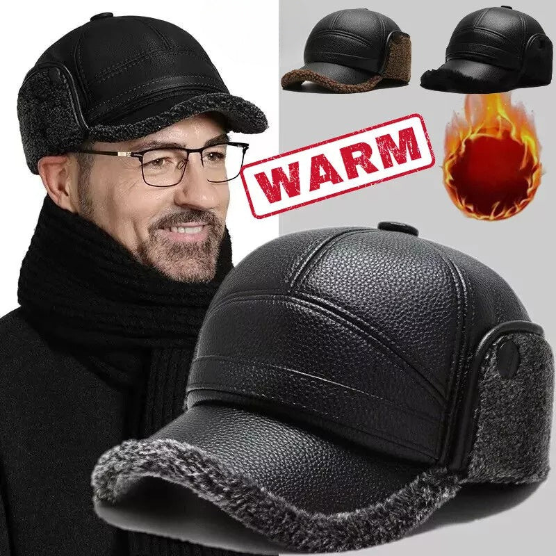 Men's Warm PU Leather Baseball Cap with Ear Flaps