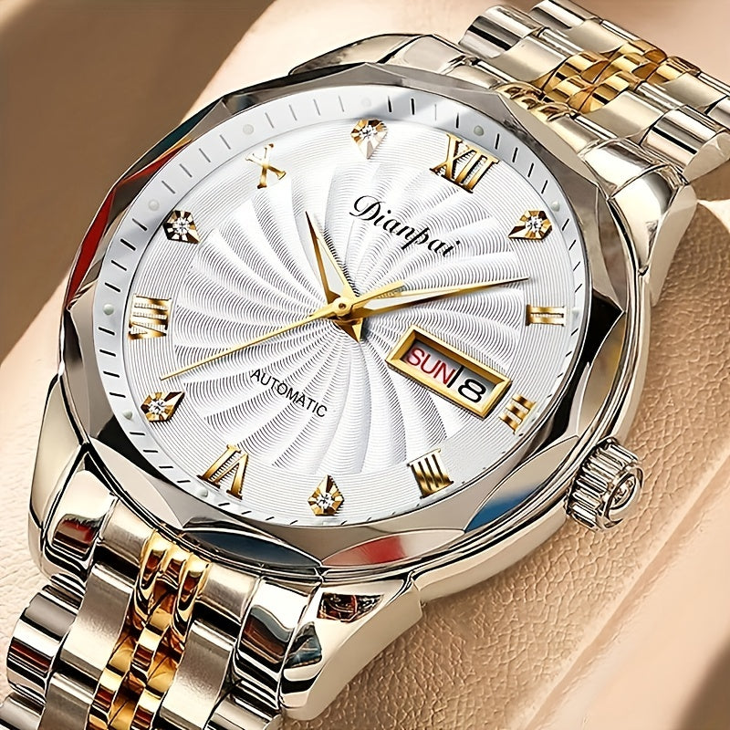 Classic Mechanical Watch, Luminous Waterproof Men's Watch With Stainless Steel Strap