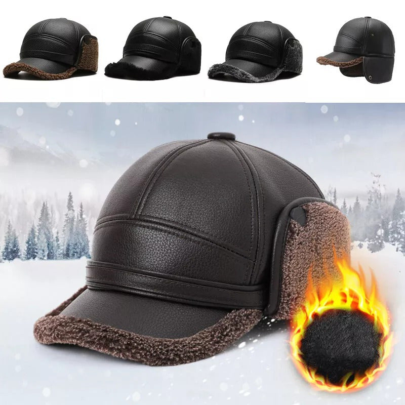 Men's Warm PU Leather Baseball Cap with Ear Flaps