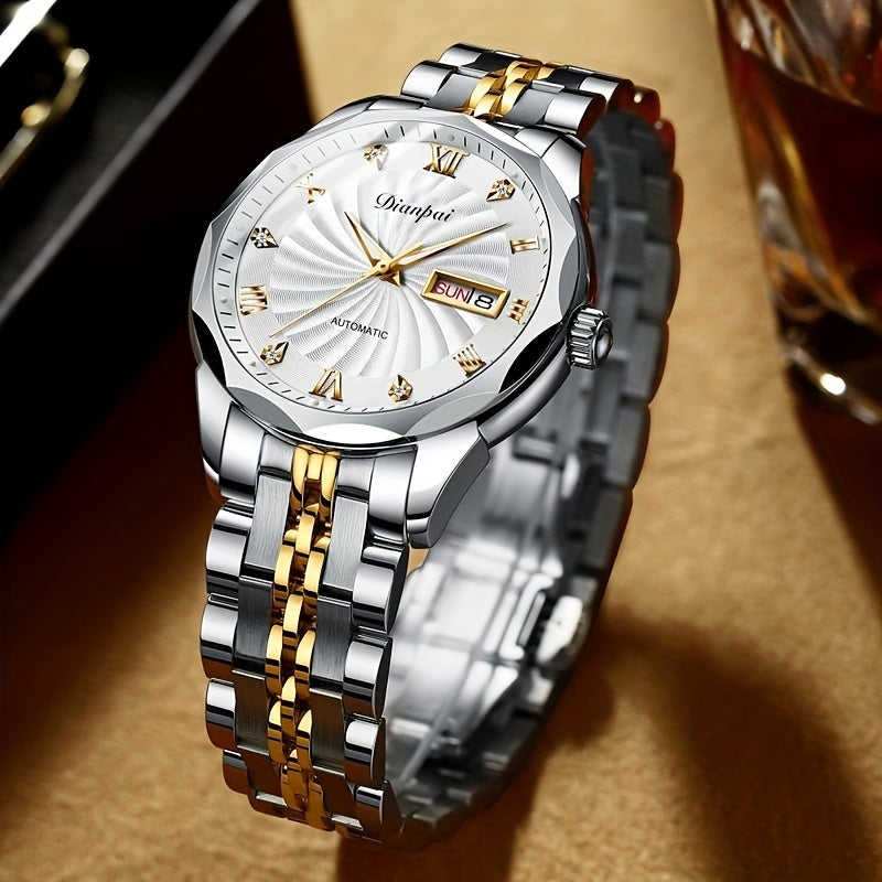 Classic Mechanical Watch, Luminous Waterproof Men's Watch With Stainless Steel Strap