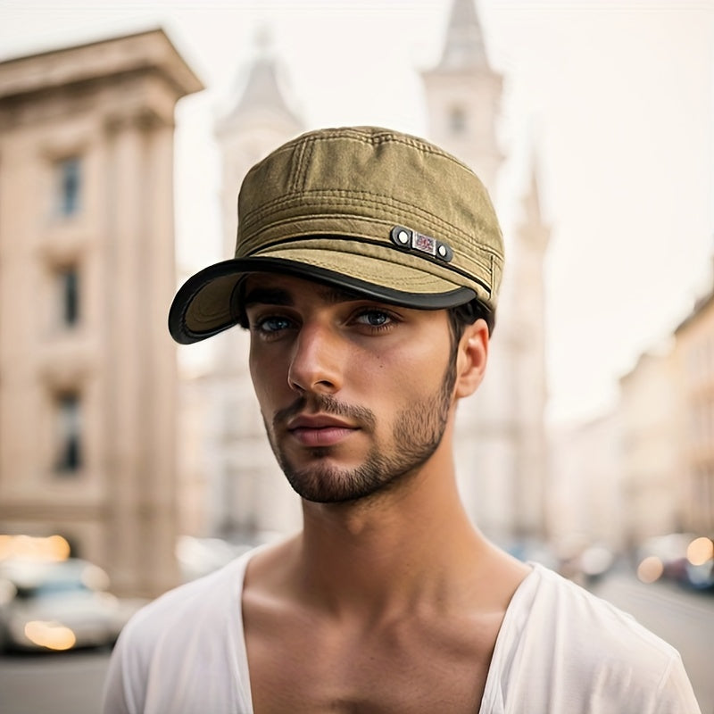 Men's and women's cotton flat hat with distressed leather trim