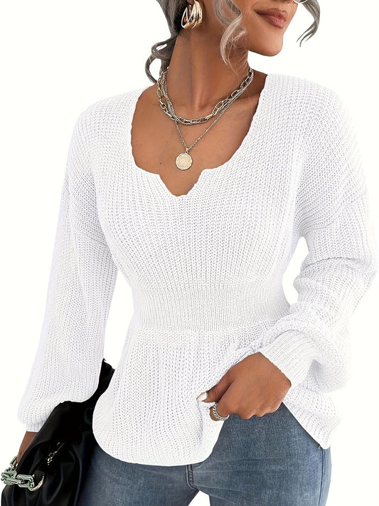 Solid Ribbed V Neck Pullover Sweater