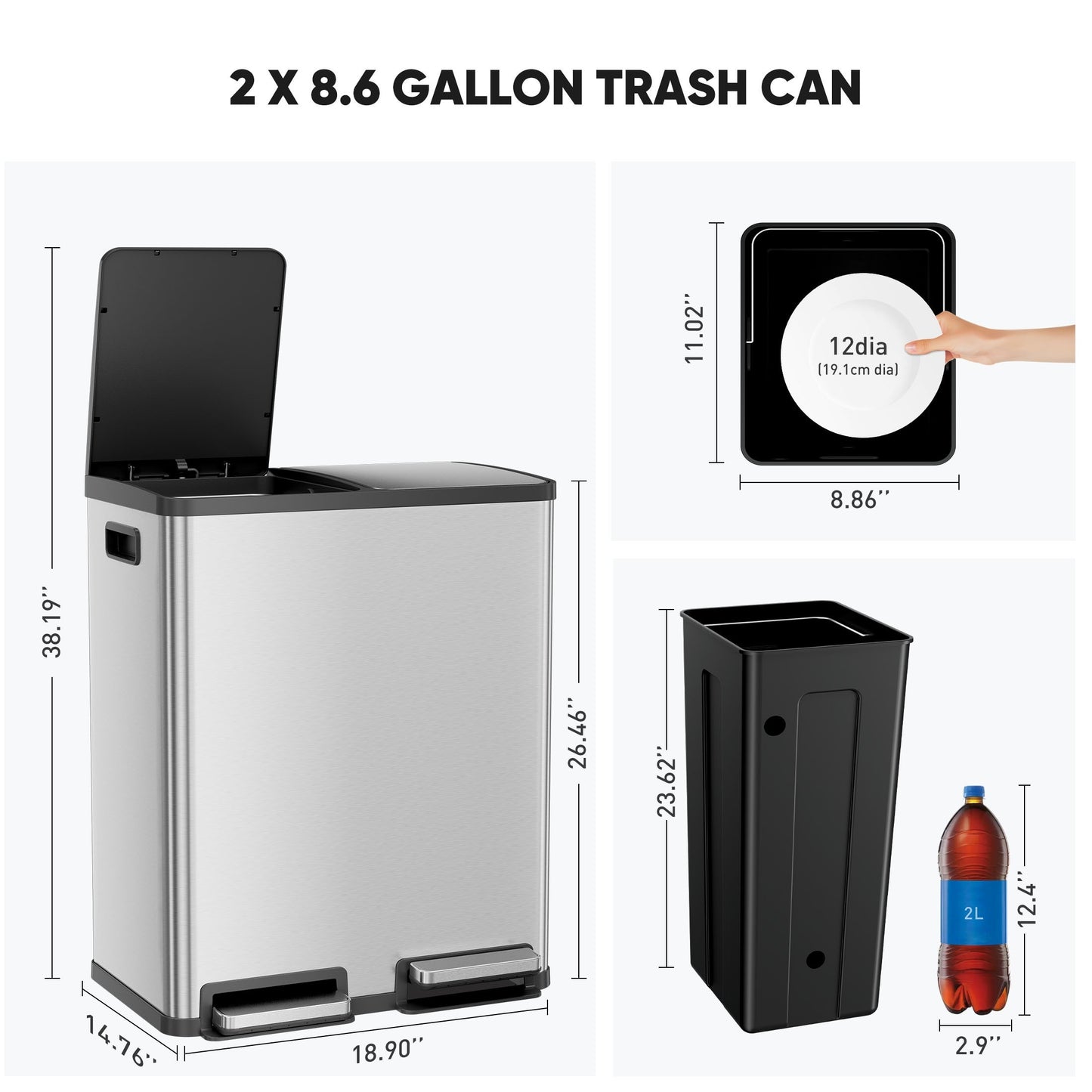 Trash Can With Lid - 60 Liter Large Stainless Waste Bin