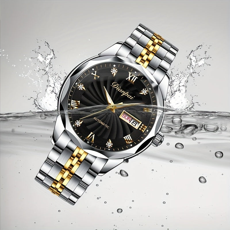 Classic Mechanical Watch, Luminous Waterproof Men's Watch With Stainless Steel Strap