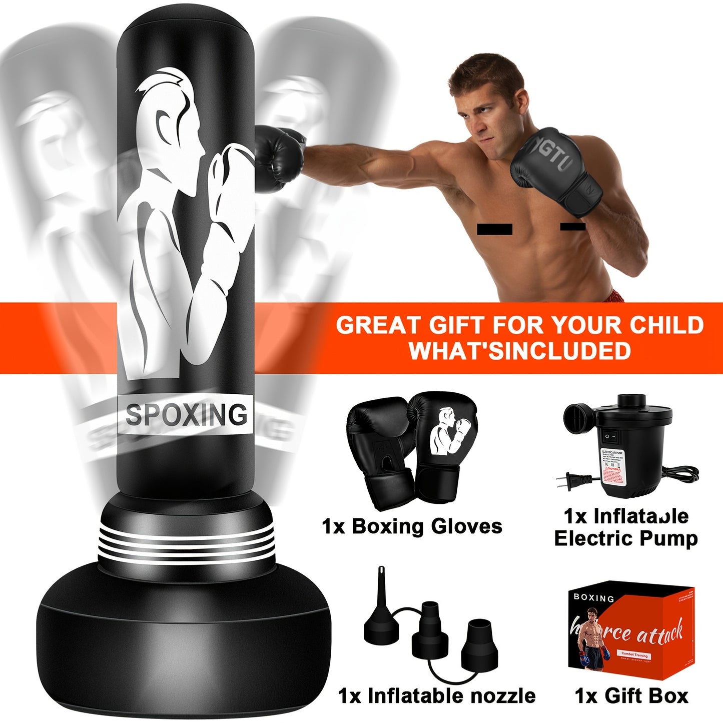 70" Freestanding Heavy Punching Bag with Stand for Adults, Includes Boxing Gloves and Electric Air Pump