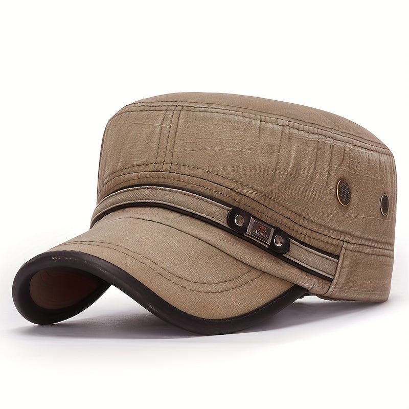 Men's and women's cotton flat hat with distressed leather trim