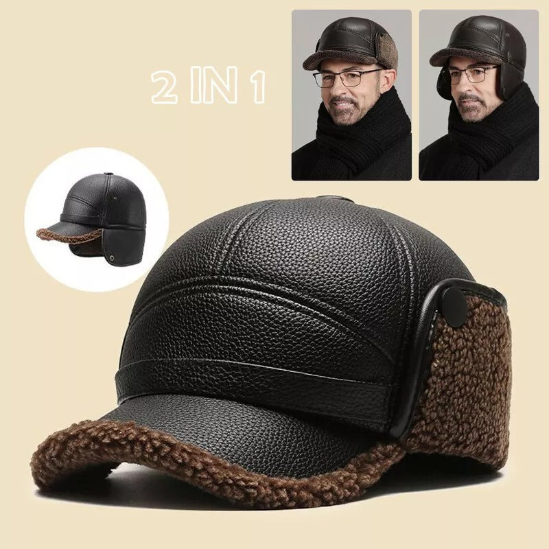 Men's Warm PU Leather Baseball Cap with Ear Flaps