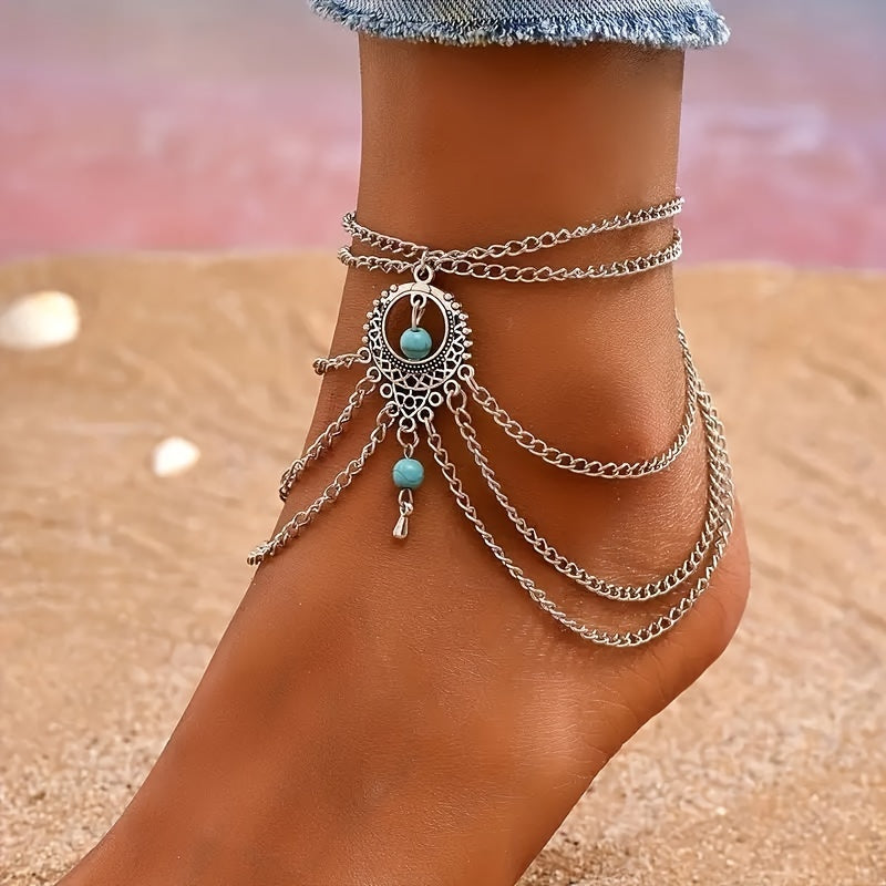 2 pieces of Bohemian vintage layered chain ankles with turquoise bead pendants