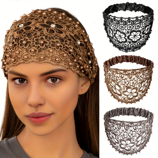 4-Pack Boho Lace Headbands With Faux Pearls