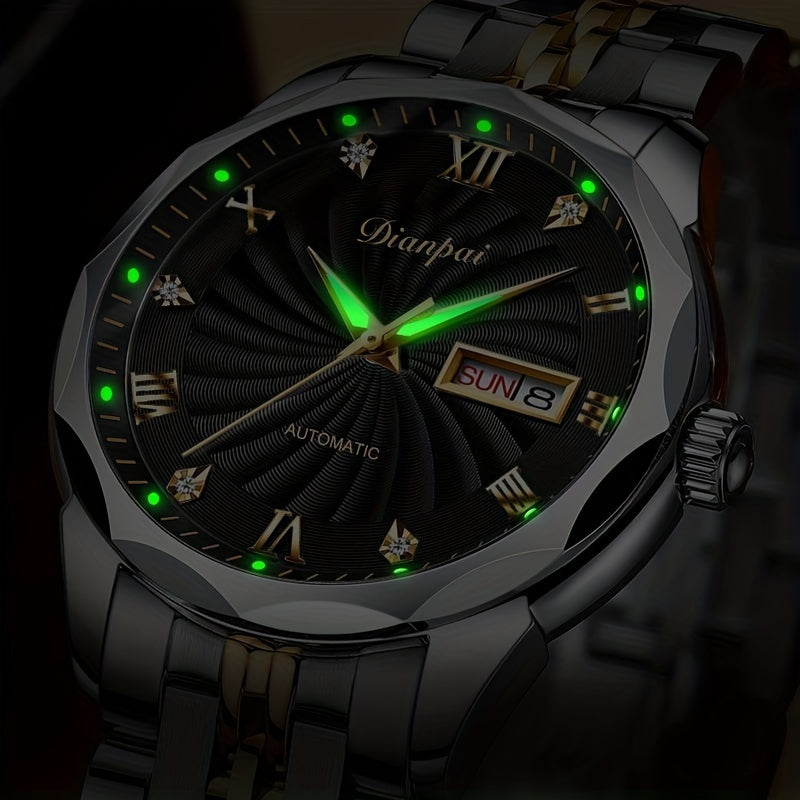 Classic Mechanical Watch, Luminous Waterproof Men's Watch With Stainless Steel Strap