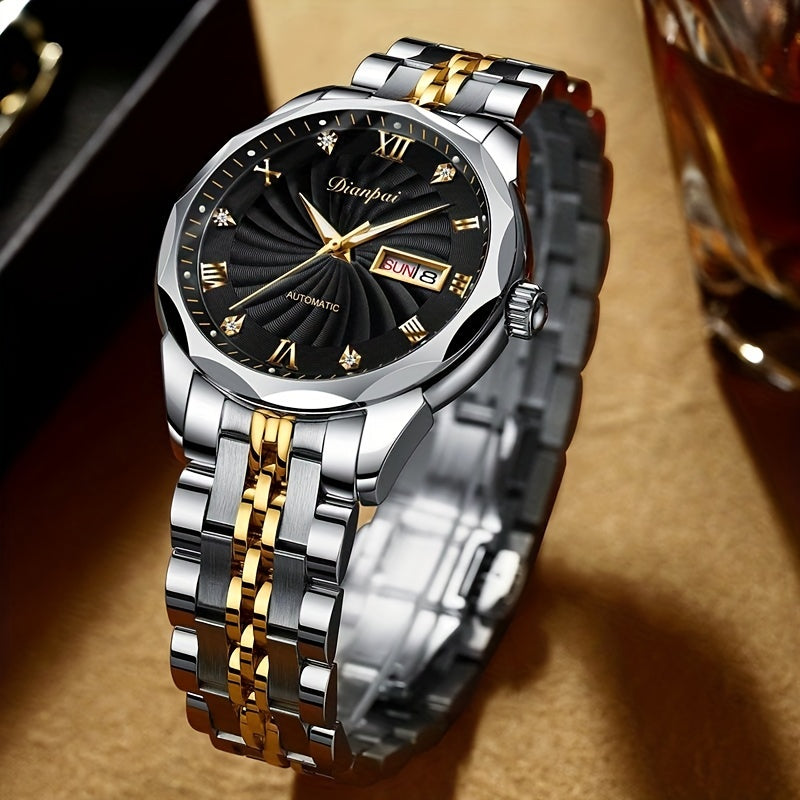 Classic Mechanical Watch, Luminous Waterproof Men's Watch With Stainless Steel Strap