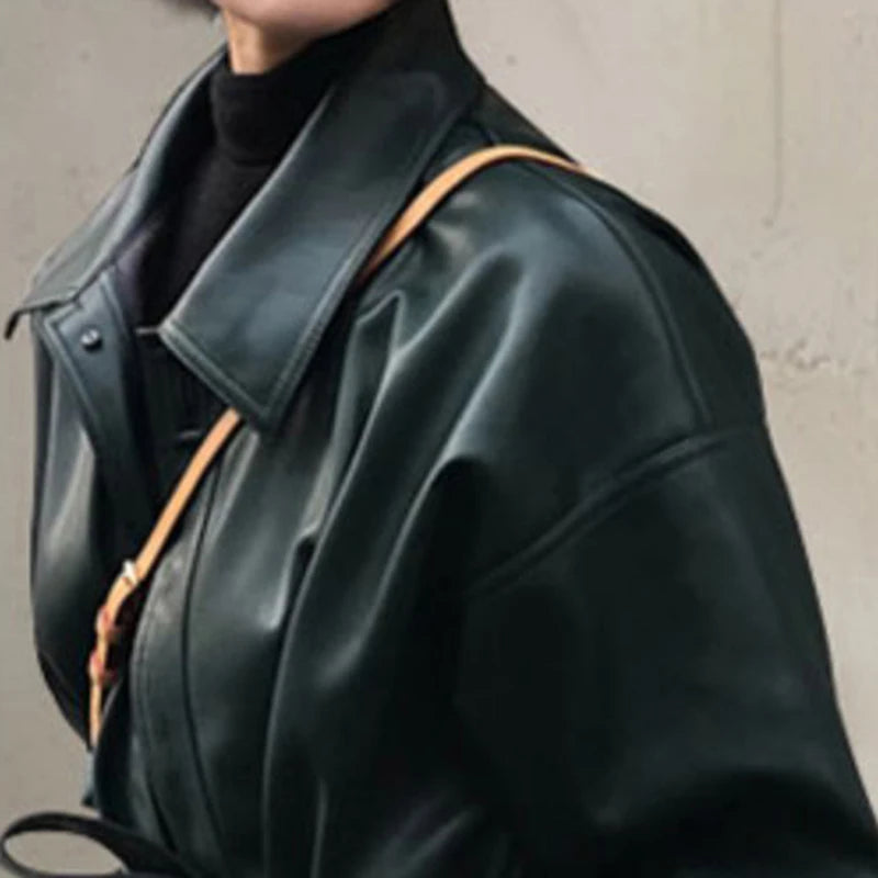 Autumn Long Black Cool Leather Trench Coat for Women