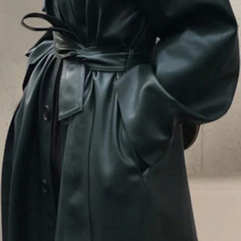 Autumn Long Black Cool Leather Trench Coat for Women