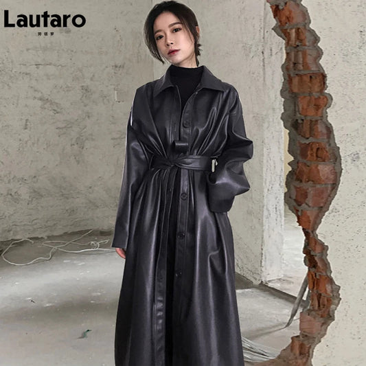 Autumn Long Black Cool Leather Trench Coat for Women