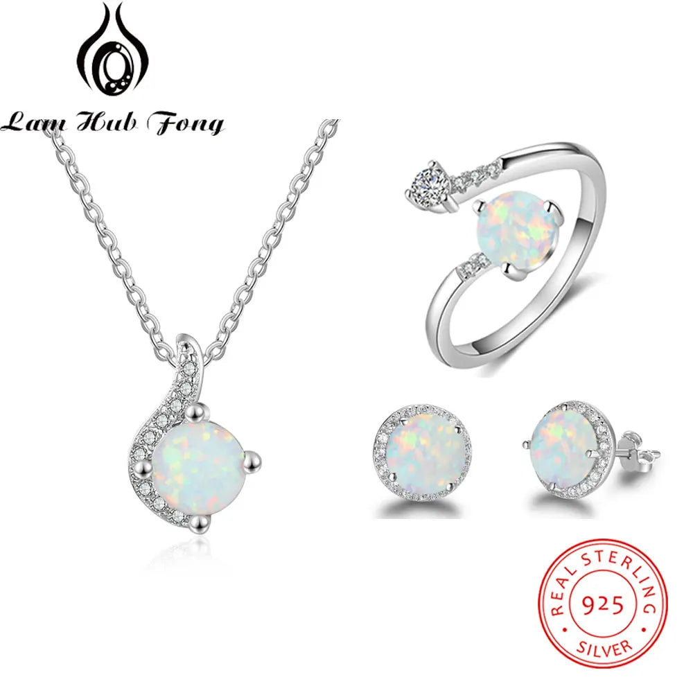 925 Sterling Silver White Opal Ring / Earrings / Chain Necklace Jewelry Sets