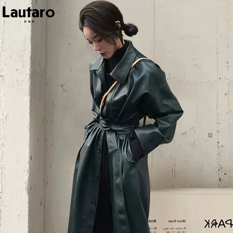 Autumn Long Black Cool Leather Trench Coat for Women