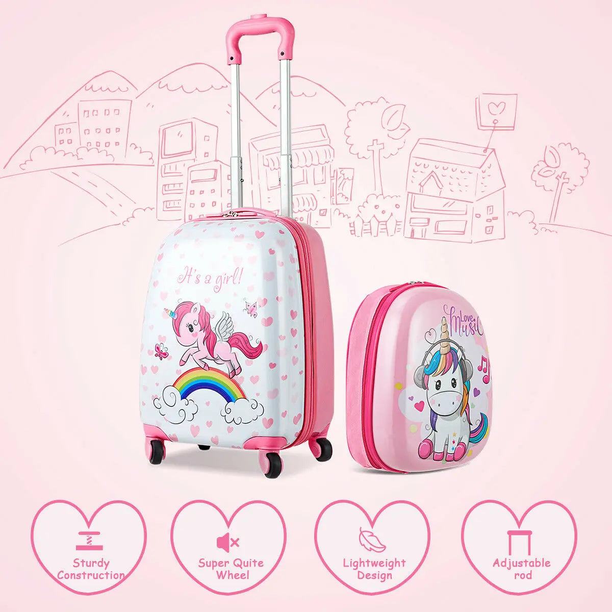 2PC Kids Luggage 12'' Backpack & 16'' Rolling Suitcase