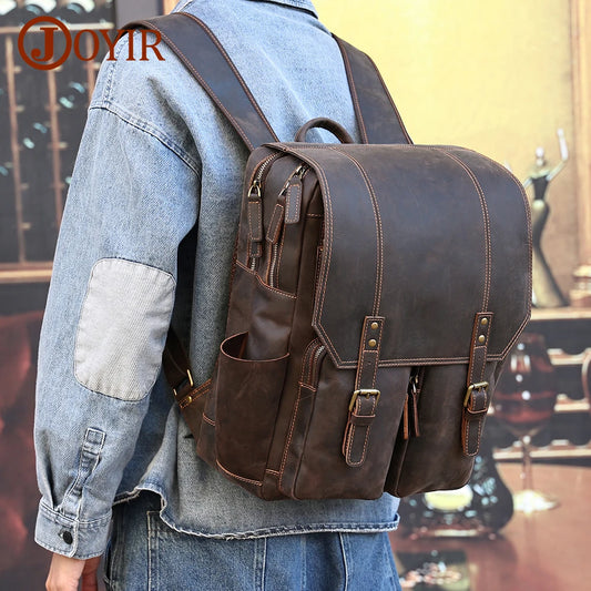 Crazy Horse Leather Mans Backpack Large Capacity fits 15.6" Laptop