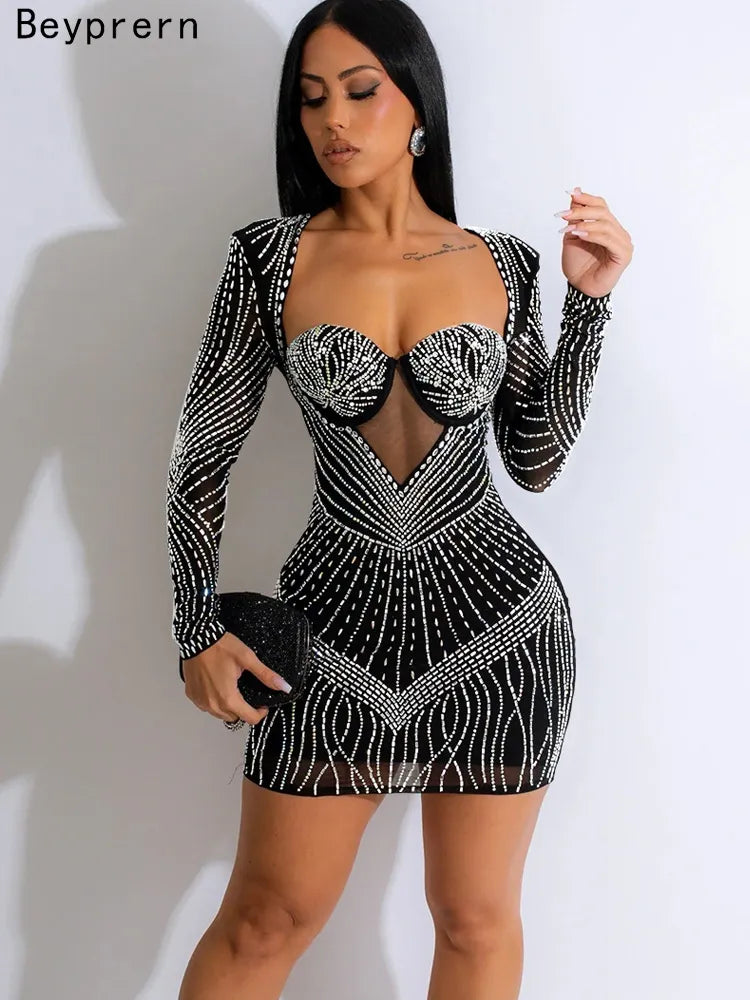 Beautiful Black Rhinestone Padded Mini Dress