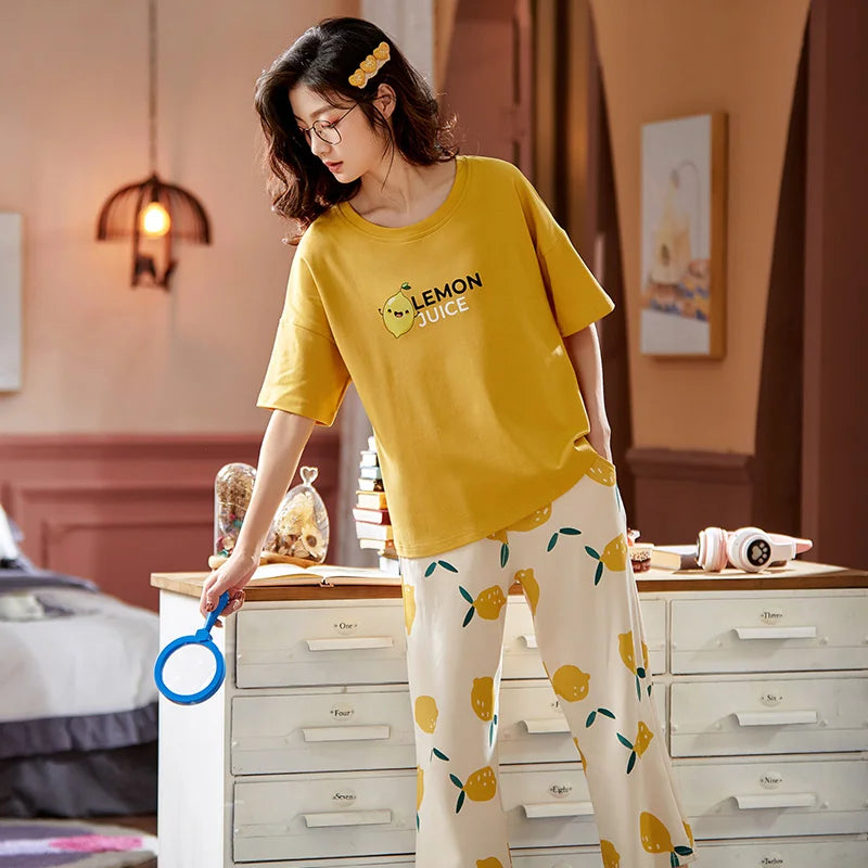 2 Piece Set Women Summer Sleepwear 100% Cotton Printing Pajamas