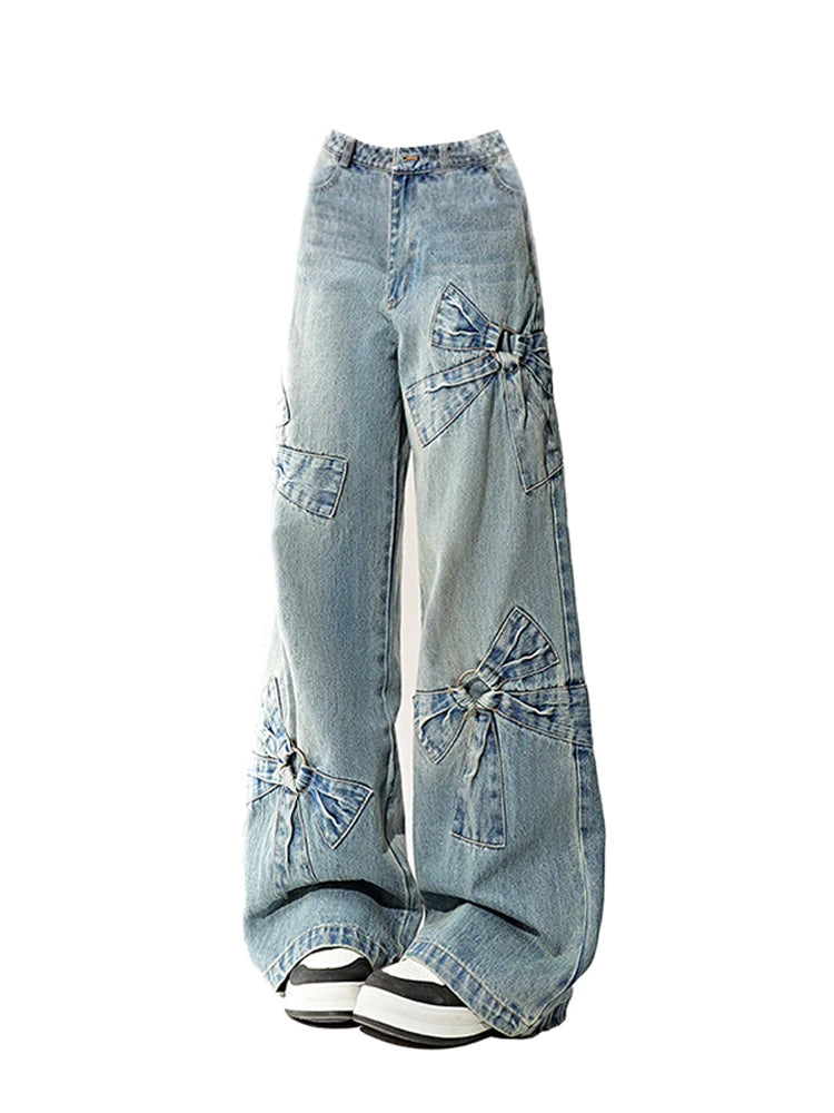 Women Blue Bow Jeans Denim Trousers Oversize Jean Pants Vintage Clothes