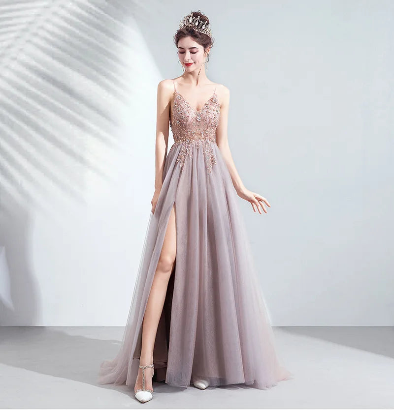 2024 New Elegant Sexy Pink V Neck  Evening Dress