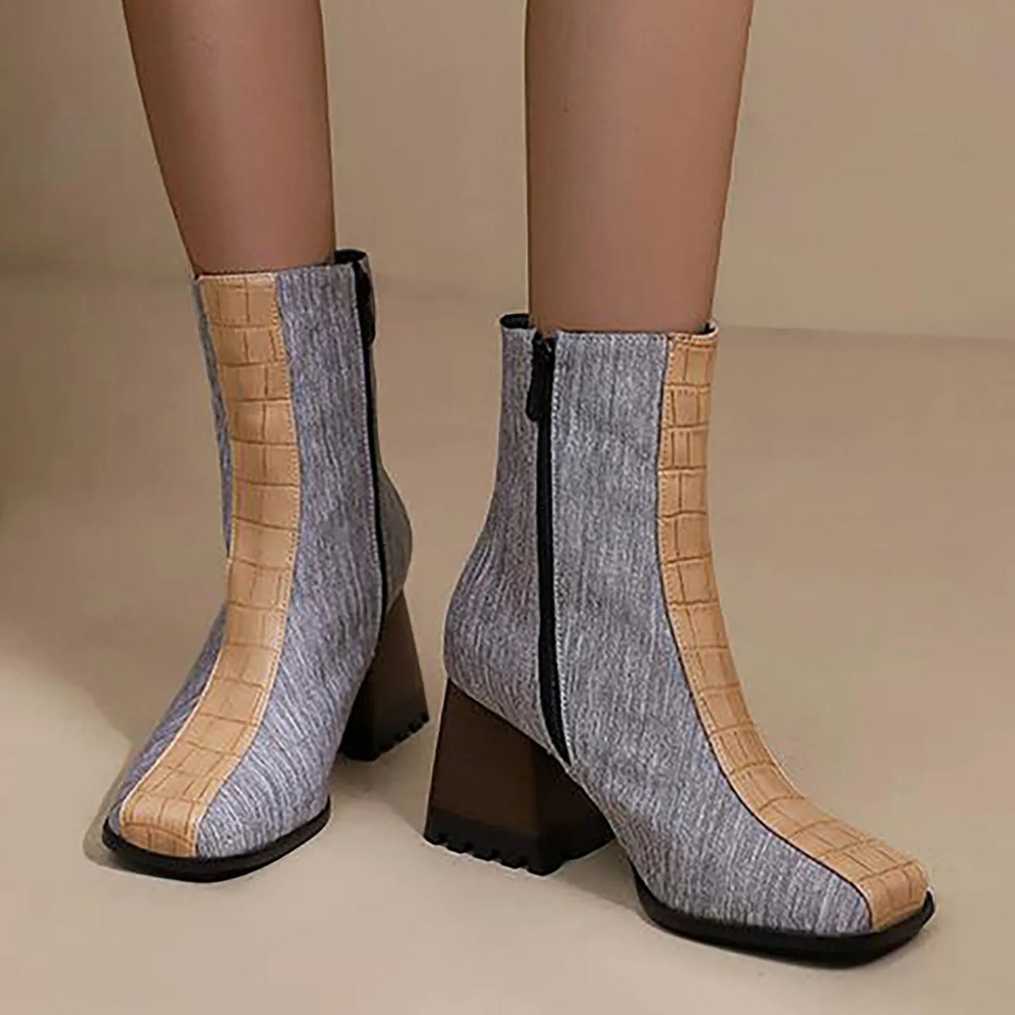 Fabric Square Toe Ankle Boots Women