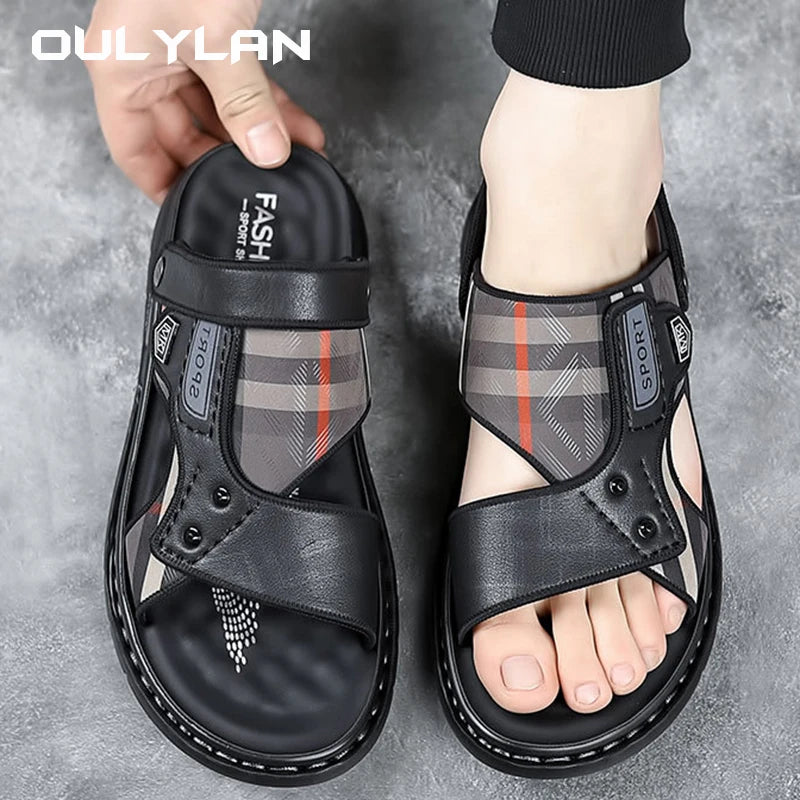 Men's Sandals 2024 Summer Fashion Beach Shoes Men Driving Outwear Sandals Trendy Leather Soft Sole Anti slip Man Slippers