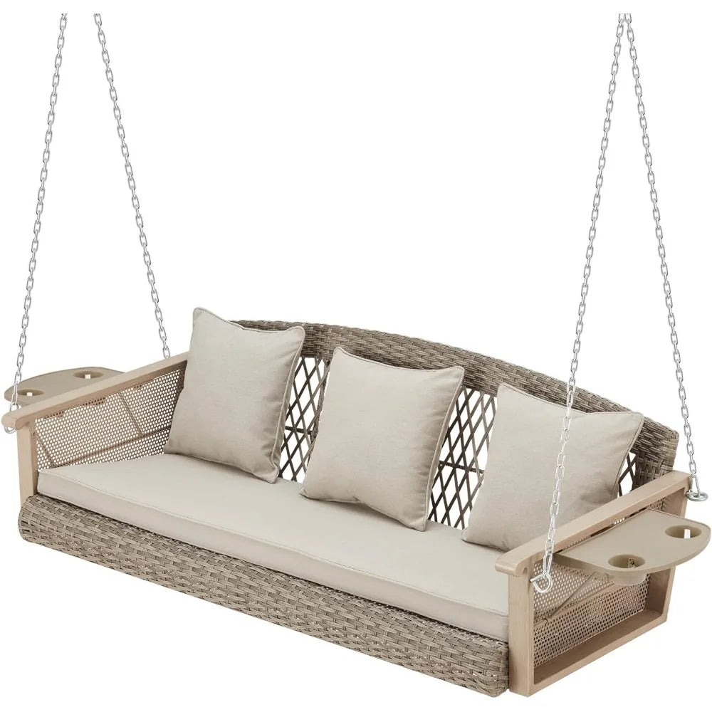 Patio Swing, 55in Wicker Hanging Swings Bench with Cushions Cupholders, Patio Swing