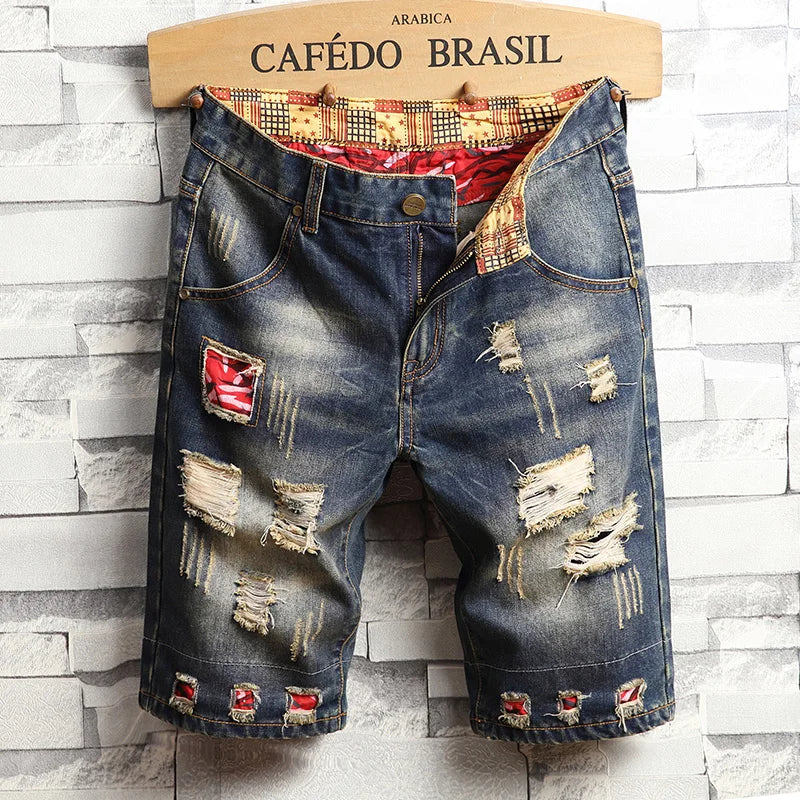 2024  Blue Men's Ripped Jeans Shorts