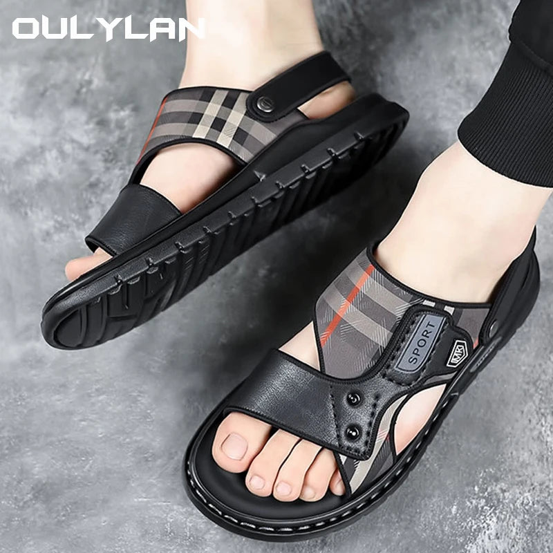 Men's Sandals 2024 Summer Fashion Beach Shoes Men Driving Outwear Sandals Trendy Leather Soft Sole Anti slip Man Slippers