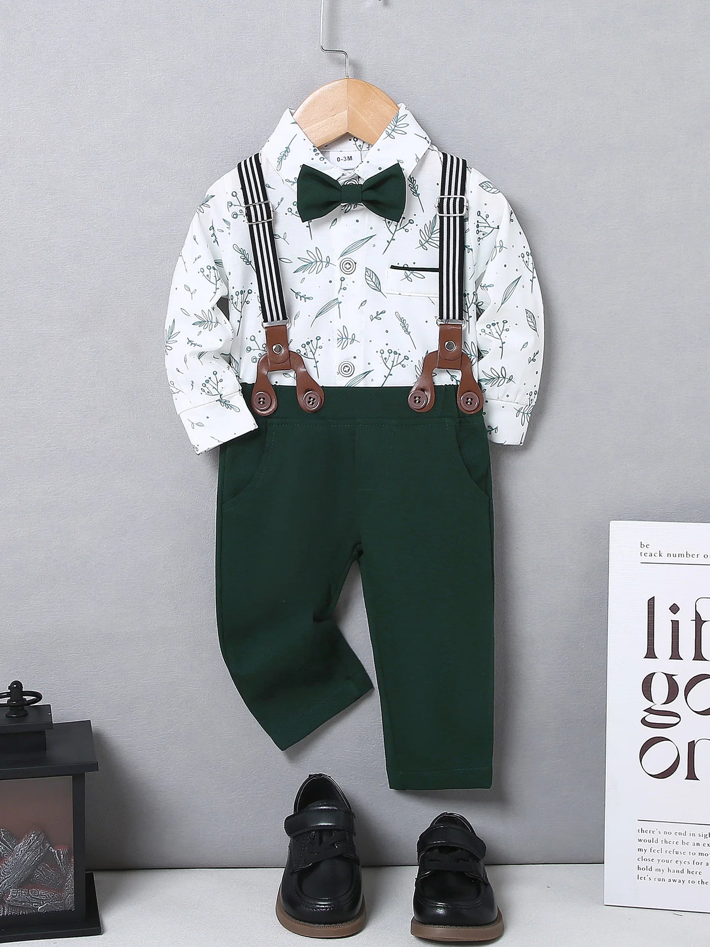 Long Sleeve Gentleman Outfits + Suspender Pants + Bowtie + Beret Hat Baby Boy Suit Set