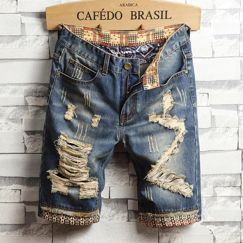 2024  Blue Men's Ripped Jeans Shorts