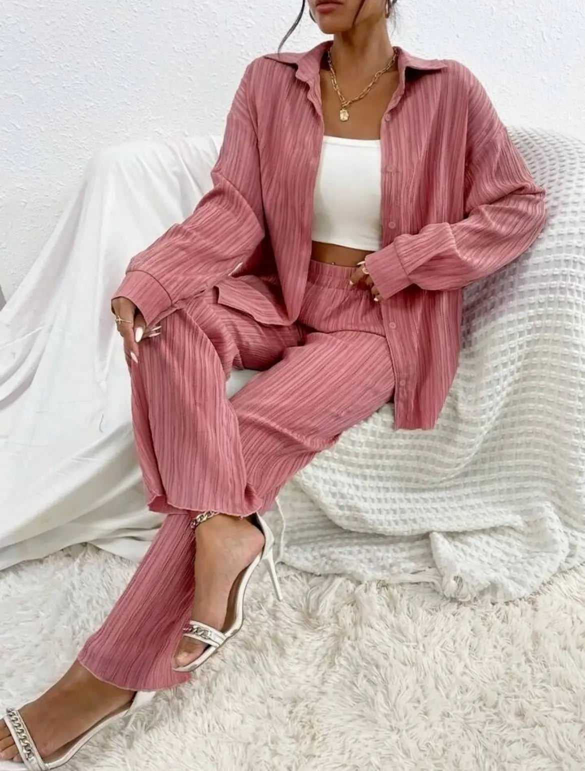 Women's Pleated Pajama Set Solid Spring Autumn Ladies Sleepwear 2 Pcs with Pant Single Breasted Loose Pyjama Suit for Female