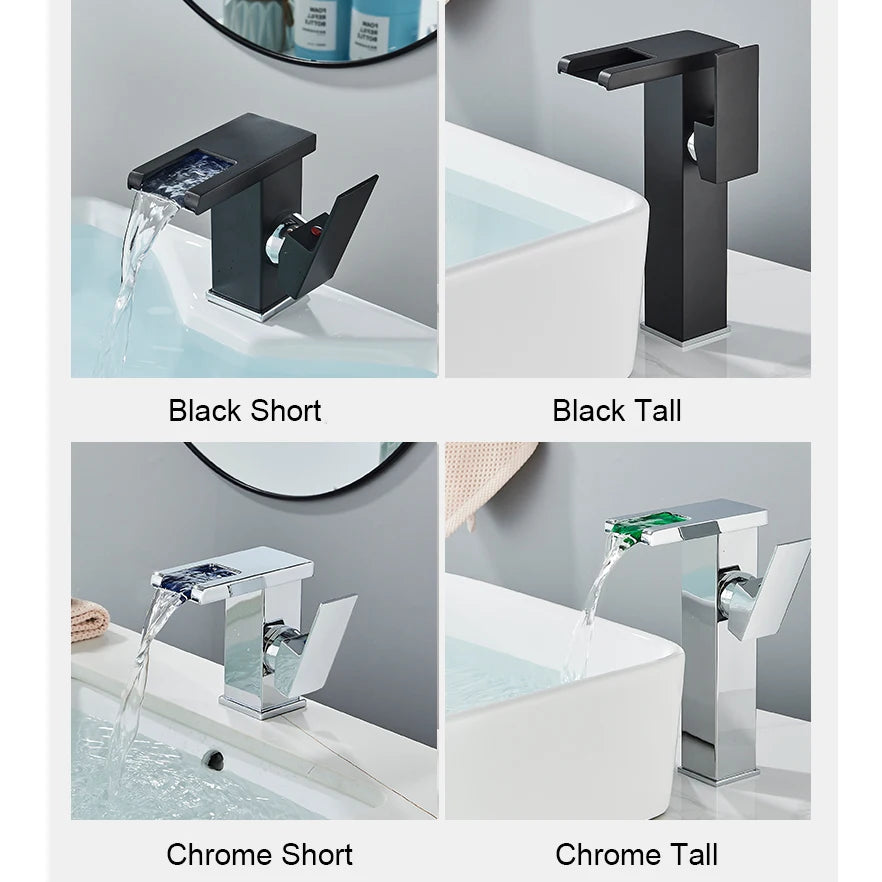 Black Tall LED Waterfall Basin Bathroom Faucet