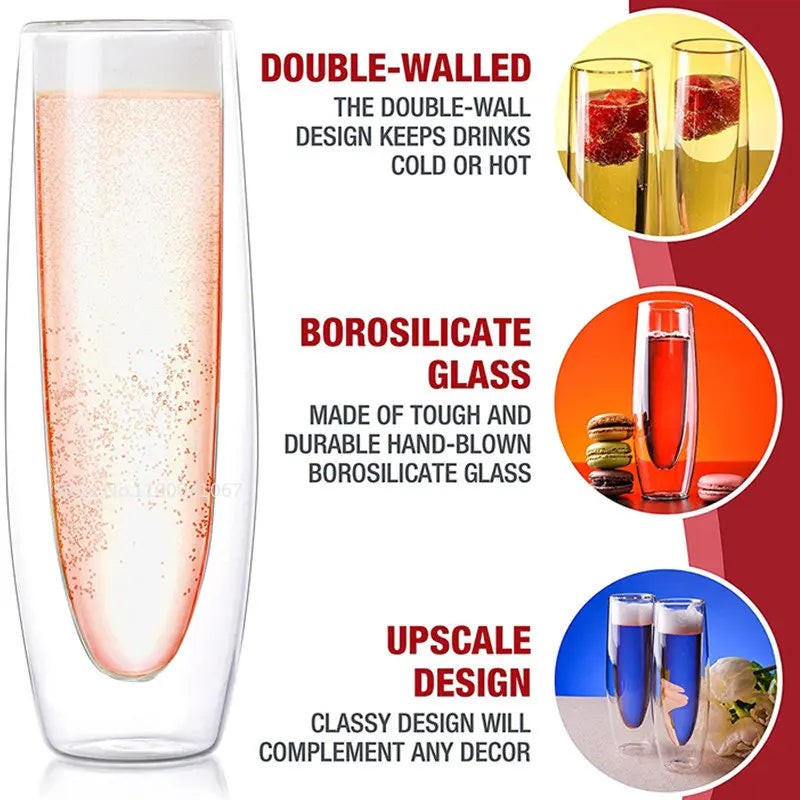 6Pcs Champagne Glasses Set Double Wall Heat Resist