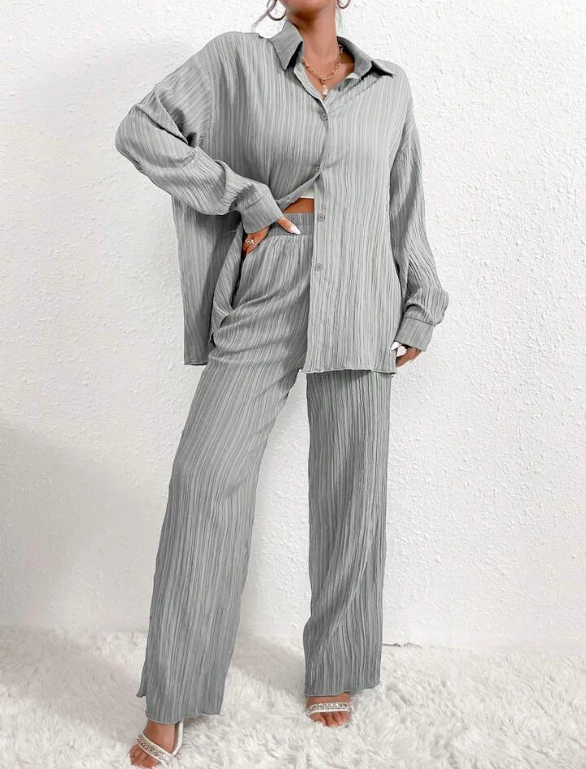 Women's Pleated Pajama Set Solid Spring Autumn Ladies Sleepwear 2 Pcs with Pant Single Breasted Loose Pyjama Suit for Female